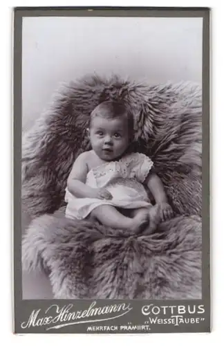 Fotografie Max Hinzelmann, Cottbus, Baby im weissen Kleidchen auf einem Fell