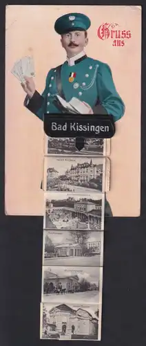 Leporello-AK Bad Kissingen, Briefträger mit Ansichten in der Posttasche, Maxbrunnen, Wandelhalle, Neues Theater