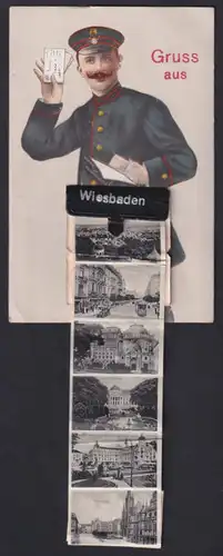 Leporello-AK Wiesbaden, Briefträger mit Ansichten in der Posttasche, Taunusstrasse, Neues Kurhaus, Schlossplatz