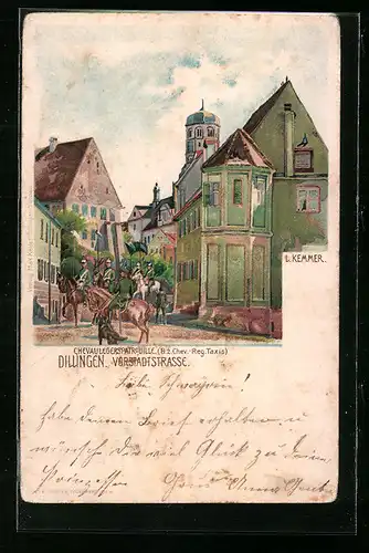 Lithographie Dillingen, Chevaulegerspatrouille (B. 2. Chev.-Reg. Taxis) auf der Vorstadtstrasse