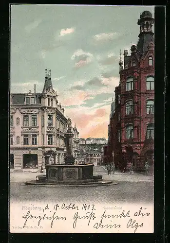 AK Flensburg, Nordermarkt mit Brunnen