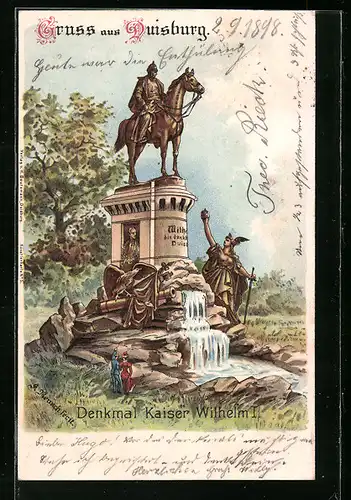 Lithographie Duisburg, Denkmal von Kaiser Wilhelm I.