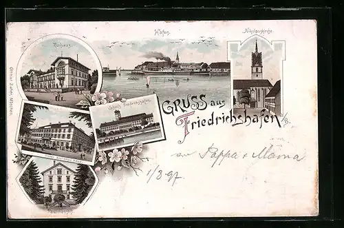 Lithographie Friedrichshafen, Kurhaus, Hafen, Nikolauskirche, Schloss