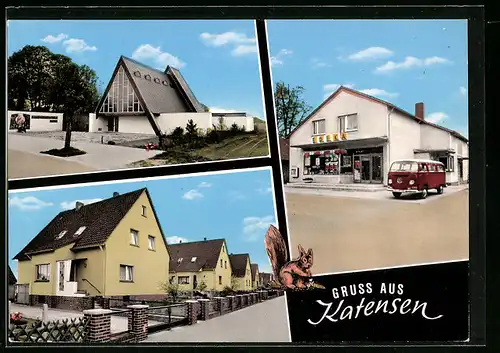 AK Katensen b. Burgdorf, Ortsansicht mit Edeka und VW-Bus