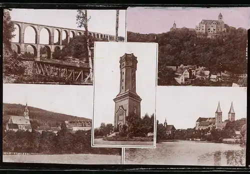 Fotografie Brück & Sohn Meissen, Ansicht Rochlitz, Göhrener Brücke, Schloss Rochlitz, Friedrich August Turm, Montage