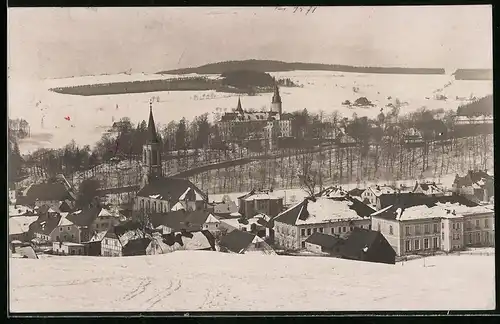 Fotografie Brück & Sohn Meissen, Ansicht Neuhausen i. Sa., Blick auf den Ort mit Kirche