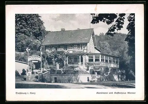 AK Treseburg, Konditorei und Kaffeehaus Werner, Hotel und Pension Zum Burgstieg