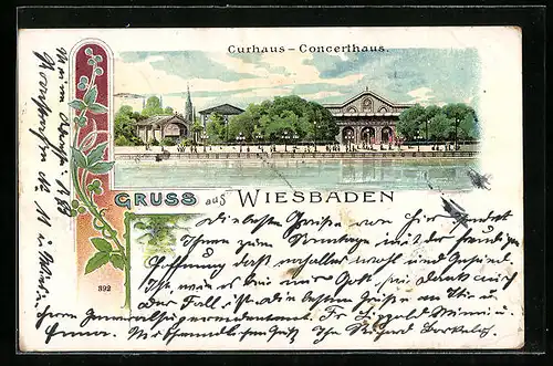 Lithographie Wiesbaden, Curhaus-Concerthaus mit Gruss