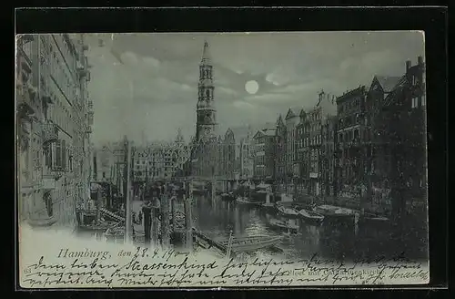 Mondschein-AK Hamburg, Fleet mit Catharinenkirche