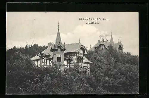 AK Blankenburg /Harz, Blick durch Bäume auf das Postheim