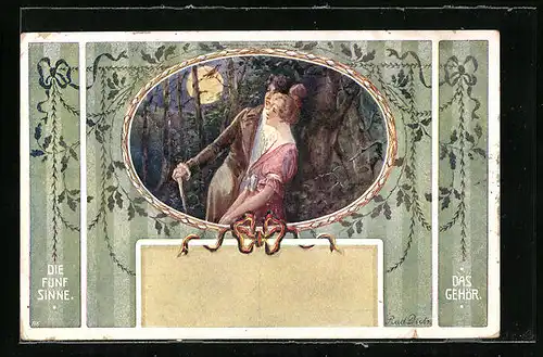 Künstler-AK Rud. Dutz: Die fünf Sinne, Das Gehör, Liebespaar bei Mondschein