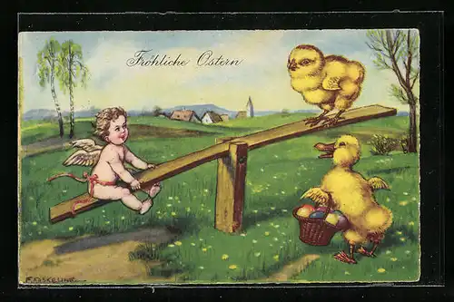 Künstler-AK Friedrich Kaskeline: Amor mit Osterküken auf einer Wippe, Ostergruss