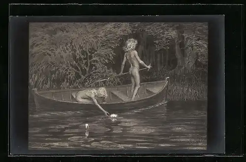 Künstler-AK Fidus: Wasserrosen, Nacktes Paar im Boot