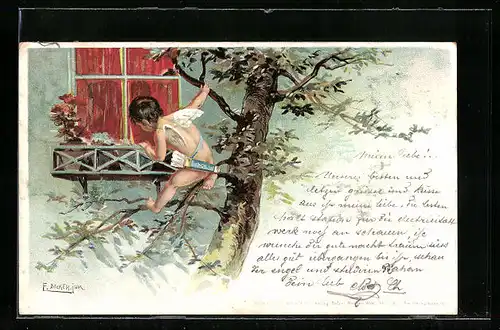 Künstler-AK E. Döcker: Amor auf Baum vor dem Fenster
