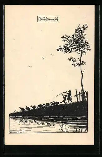 Künstler-AK Elsbeth Forck: Schattenbild, Kinder gehen im Gänsemarsch