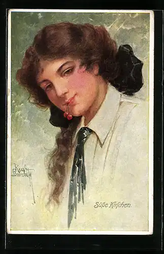 Künstler-AK Ruab Gnischaf: Frau mit süssen Kirschen