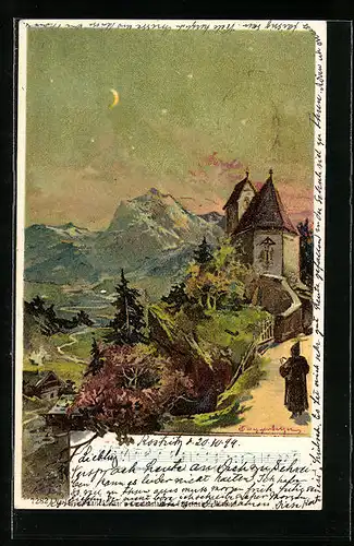 Künstler-AK Theodor Guggenberger: Kapelle mit Bergen bei Mondschein