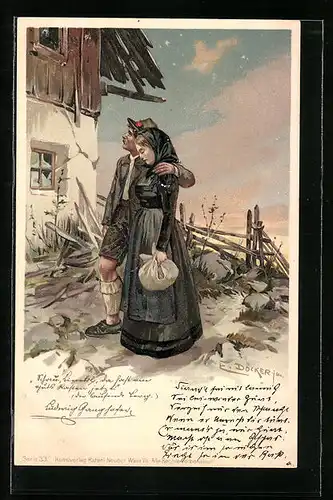 Künstler-AK E. Döcker: Paar in Tracht vor einem Haus