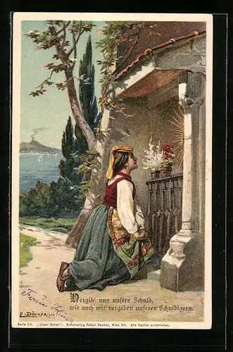 Künstler-AK E. Döcker: Vergib` uns unsere Schuld..., Betende Frau