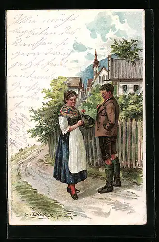 Künstler-AK E. Döcker: Mann und Frau unterhalten sich