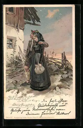 Künstler-AK E. Döcker: Paar in Tracht vor einem Haus