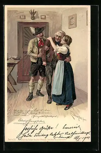 Künstler-AK E. Döcker: Frau und Mann stützen einen Herrn