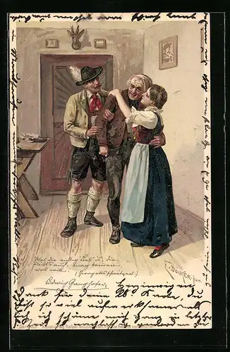 Künstler-AK E. Döcker: Frau und Mann stützen einen Herrn