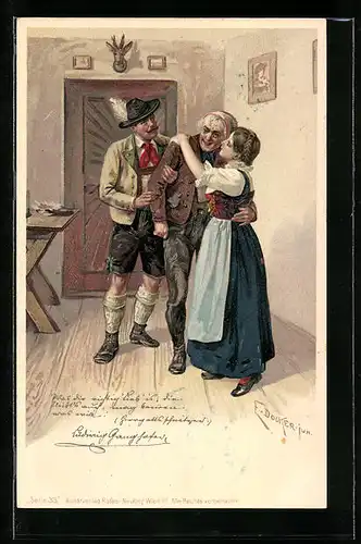 Künstler-AK E. Döcker: Frau und Mann stützen einen Herrn