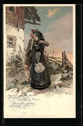 Künstler-AK E. Döcker: Paar in Tracht vor einem Haus