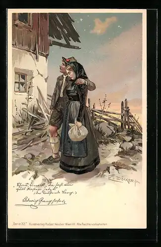 Künstler-AK E. Döcker: Paar in Tracht vor einem Haus