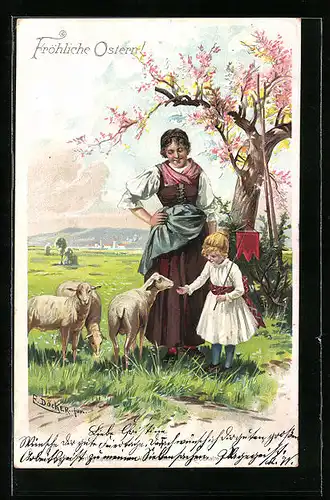 Künstler-AK E. Döcker: Frau und Mädchen mit Lämmern, Ostergruss