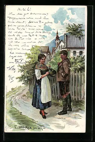 Künstler-AK E. Döcker: Mann und Frau unterhalten sich