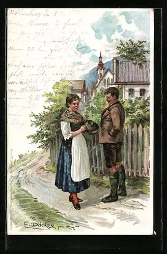 Künstler-AK E. Döcker: Mann und Frau unterhalten sich
