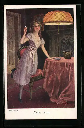 Künstler-AK Bill Fisher: Frau bei ihrer ersten Zigarette