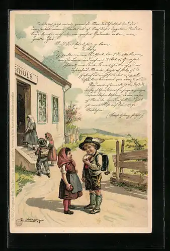 Künstler-AK E. Döcker: Junge und Mädchen vor der Schule unterhalten sich