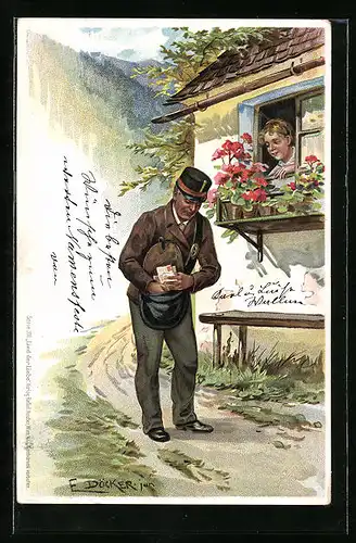 Künstler-AK E. Döcker: Briefträger bringt Brief für junge Frau
