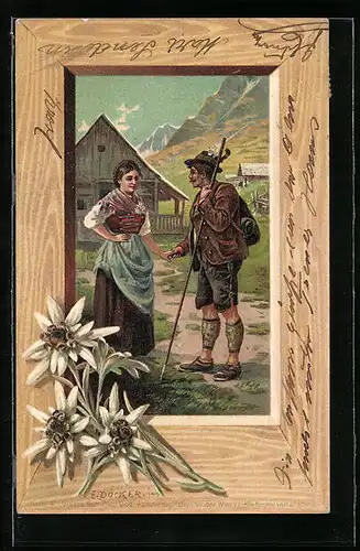 Künstler-AK E. Döcker: Wanderer verabschiedet sich von Mädchen, Edelweisszweige