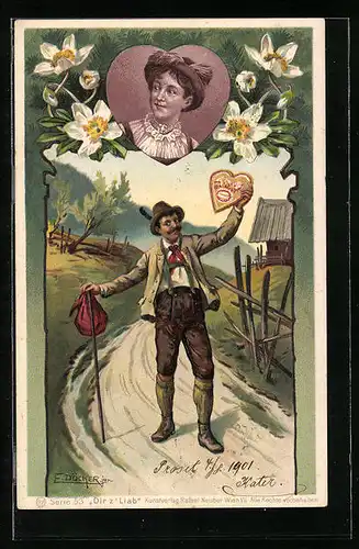 Künstler-AK E. Döcker: Frohlockender Wandersmann mit Lebkuchen-Herz, Dir z` Liab