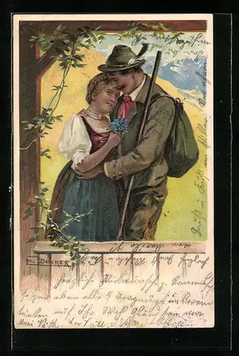 Künstler-AK E. Döcker: Bayrisches Paar in inniger Umarmung