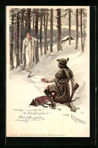 Künstler-AK E. Döcker: Jäger mit erlegtem Fuchs und Frau im Schnee