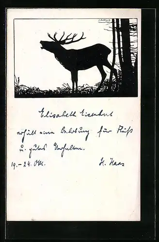 Künstler-AK Carus: Röhrender Hirsch am Waldesrand, Schattenbildkarte