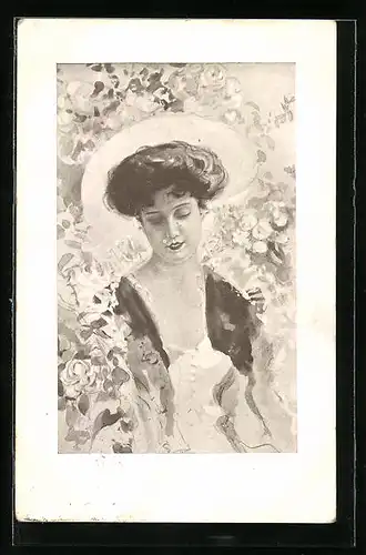 Künstler-AK unsign. Jan Dedina: Fräulein im Blumenmeer, Jugendstil