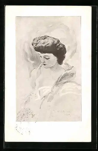 Künstler-AK sign. Jan Dedina: Junge Dame mit toupiertem Haar, Jugendstil