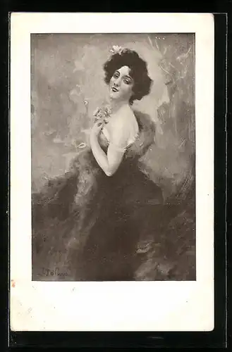 Künstler-AK unsign. Jan Dedina: Junge Frau im Pelzmantel zeigt Schulter