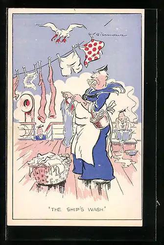 Künstler-AK sign. Gilmour: Matrose macht grosse Wäschem, The Ship`s Wash