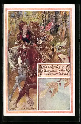 Künstler-AK Rud. Dutz: Und jauchzend im Herbste das Jagdhorn rief..., Jäger mit Frau zu Pferd