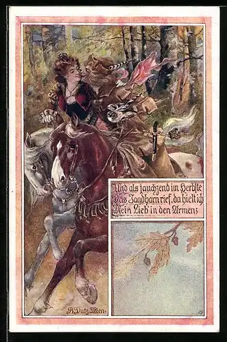 Künstler-AK Rud. Dutz: Und jauchzend im Herbste das Jagdhorn rief..., Jäger mit Frau zu Pferd