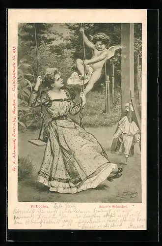 Künstler-AK Franz Doubek: Amor`s Schaukel, Fräulein im Spitzenkleid