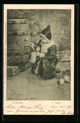 Künstler-AK Franz Doubek: Müchner Kindl hat Durst und zapft sich was vom Fass ab