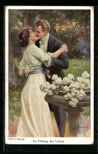 Künstler-AK Franz Doubek: Im Frühling des Lebens, Küssendes Liebespaar